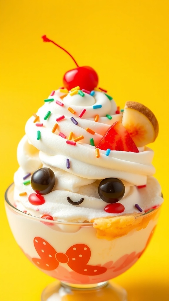 A kawaii ice cream sundae with whipped cream, sprinkles, and a cherry, decorated with chocolate eyes and fruit.